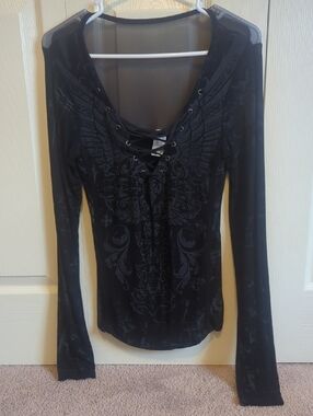 Affliction Black Lace-Up Graphic Long Sleeve Tee